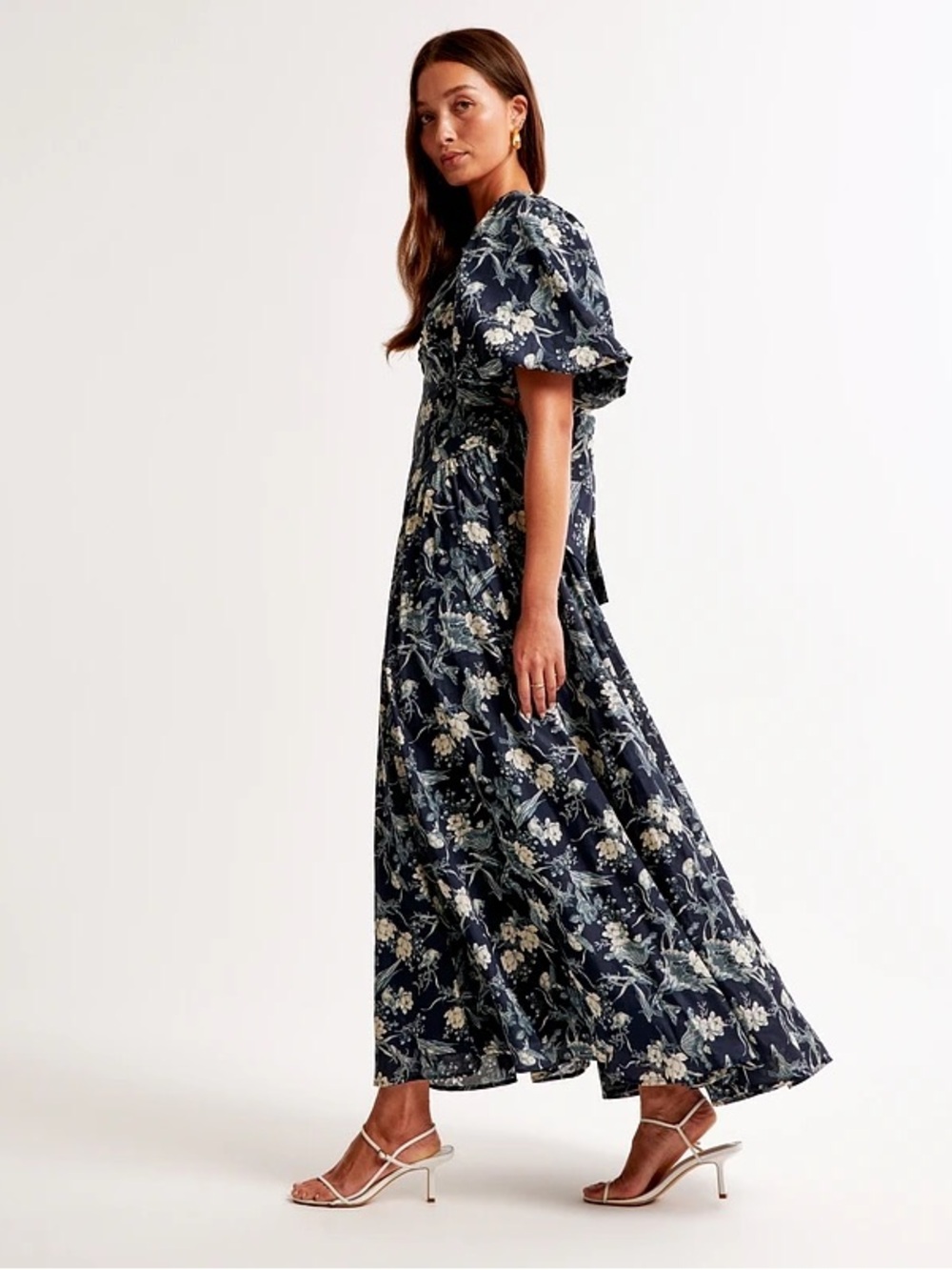 Abercrombie Hardware Drama Puff Sleeve Maxi Dress Navy Floral Dress XS Tall - Picture 3 of 7